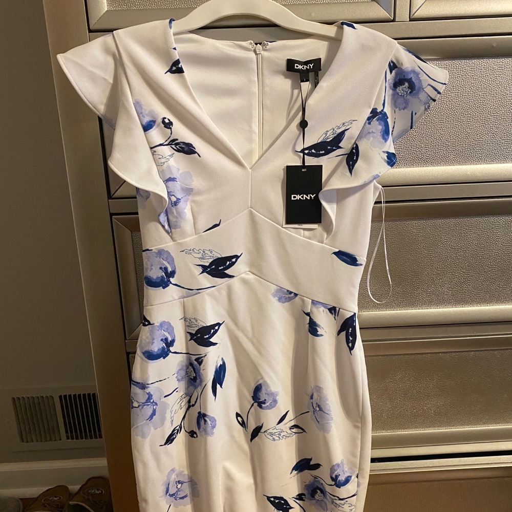 DKNY White Midi Dress with Blue Floral Print